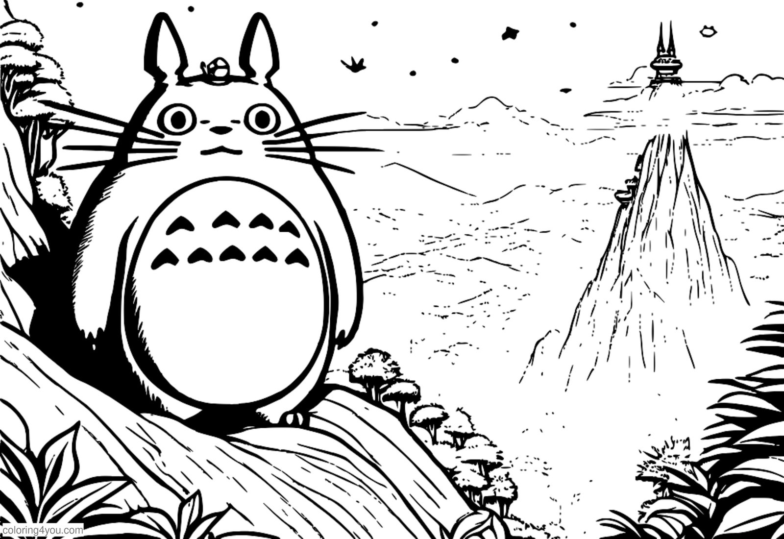 Totoro bestiger et bjerg med sodsprites, der ledsager ham på dette episke eventyr. Totoro bestiger et bjerg med sodsprites, der ledsager ham på dette episke eventyr.