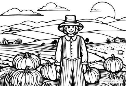 Autumn scarecrow in fields coloring page