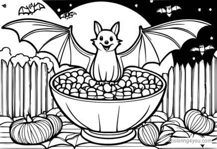 A bowl of candy corn with a bunch of bats flying around in the background