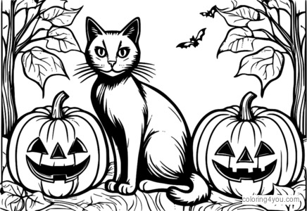 Pahina ng pangkulay ng black cat pumpkin