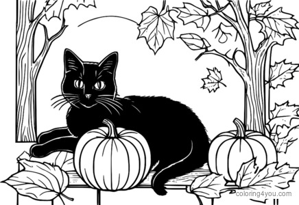 Ausmalbild: Schwarze Katze und Kürbis für Halloween