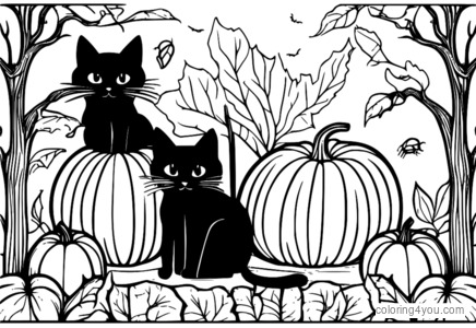 Black cats in a pumpkin patch coloring page