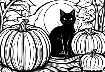 A cute black cat peeking out from behind a giant pumpkin, looking up at the camera with a spooky expression.