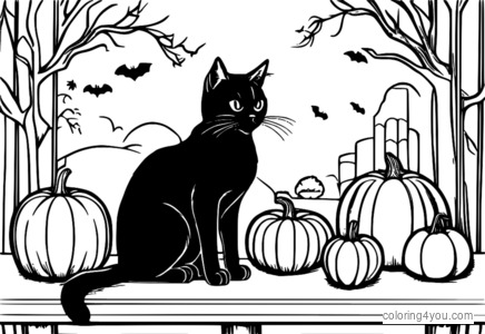 A cute black cat sitting on a table, surrounded by Halloween decorations and a jack-o-lantern, looking up at the camera.