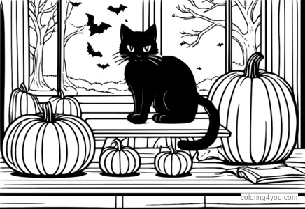 Cat dubh gleoite ina shuí ar bhord, timpeallaithe ag maisiúcháin spooky Oíche Shamhna, le pumpkin snoite sa chúlra.