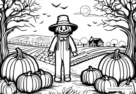 Ghostly Scarecrow in a field surrounded by pumpkins and a cat