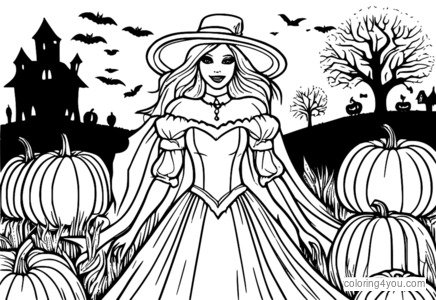 Ghostly Bride Scarecrow σε ένα χωράφι που περιβάλλεται από φανταστικά πνεύματα και κολοκύθες