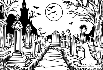 Pagina da colorare del cimitero di figure spettrali di Halloween