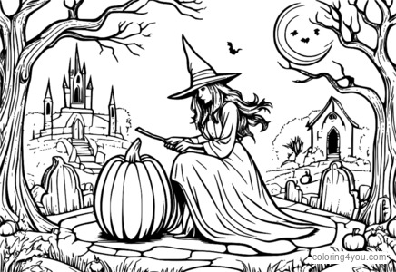 Desenho de Cemitério de bruxas de Halloween para colorir