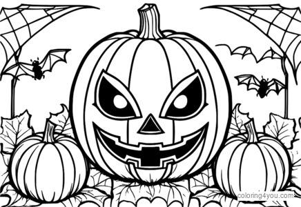 Coloriage d'Halloween avec citrouille-lanterne et chauves-souris