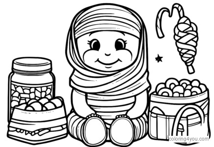 Happy mummy kebungkus ing padhang, colored bandages karo amba eseman lan tas Candy