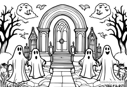 Ghosts above graveyard with big grave