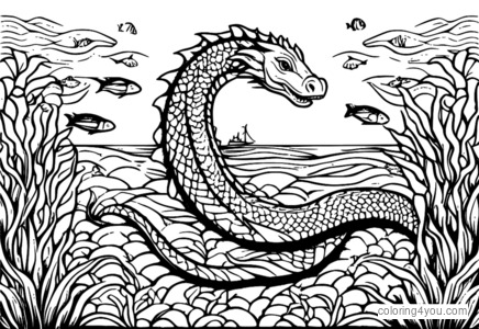 A majestic sea serpent swims through the ocean with schools of fish and sea turtles.