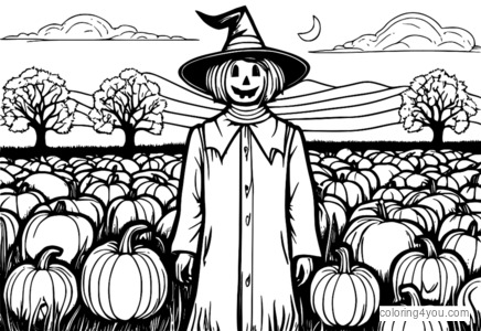 Pumpkin Scarecrow in a field surrounded by cobwebs