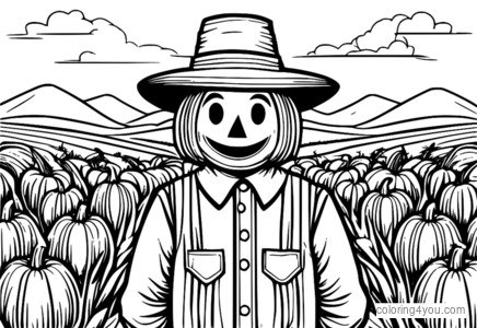 Scarecrow lying in a haystack surrounded by dry cornstalks and pumpkins.