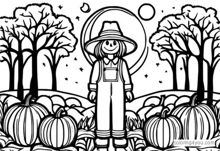 Scarecrow surrounded by pumpkins and dry cornstalks, a big moon in the sky.