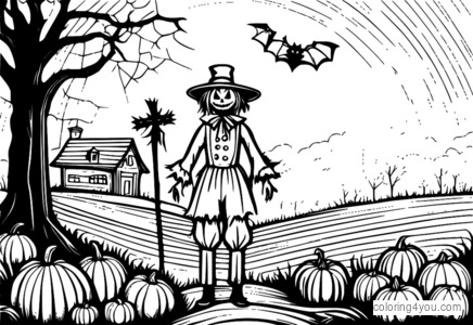 Spooky scarecrow in fields Halloween coloring page