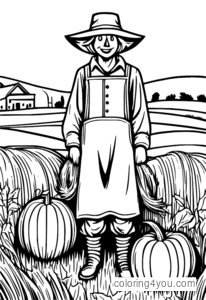 Autumn scarecrow in fields coloring page