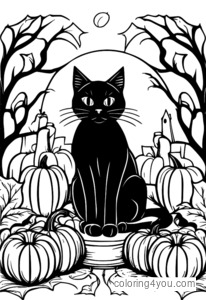 Pahina ng pangkulay ng black cat pumpkin