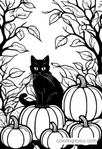 Leathanach dathúcháin cat dubh agus pumpkin le haghaidh Oíche Shamhna