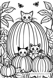 Black cats in a pumpkin patch coloring page