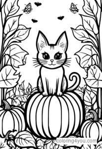 Black cats in a pumpkin patch coloring page