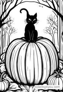 Un lindo gato negro asomándose detrás de una calabaza gigante, mirando a la cámara con una expresión espeluznante.