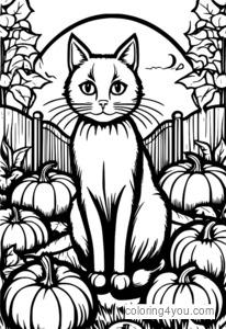 A cute black cat surrounded by a large and colorful pumpkin patch, looking up at the camera with a playful smile.