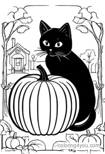 Un lindo gato negro mirando una foto de una calabaza tallada, luciendo confundido.