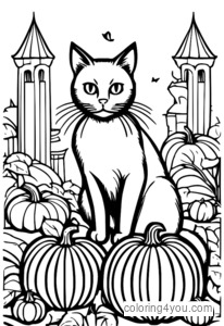 Cat dubh gleoite ina shuí ar chruach pumpkins, ag breathnú suas ar an gceamara le fiosracht.