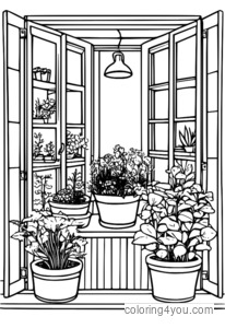 A small herb garden in a container with a variety of colorful herbs and flowers near a cozy kitchen.