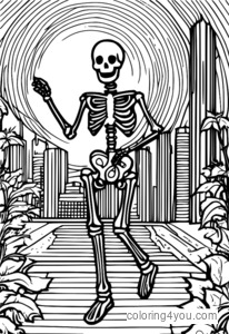 Skeleton dancing in a disco club on Halloween night.