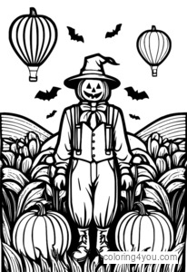 Fun scarecrow in fields Halloween coloring page