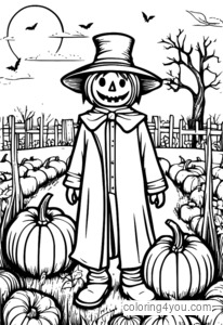 Ghostly Scarecrow in a field surrounded by pumpkins and a cat