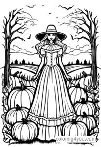 Ghostly Bride Scarecrow in a field surrounded by ghostly spirits and pumpkins