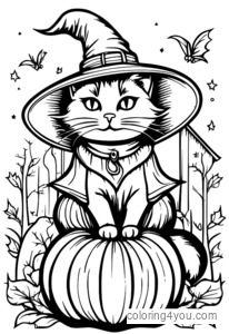 Cat dressed up as a witch with a pumpkin