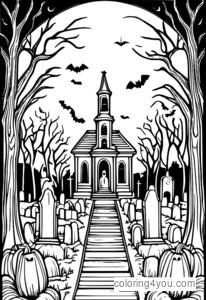 Pagina da colorare del cimitero di figure spettrali di Halloween