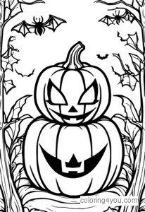 Página para colorear de Halloween con Jack-o-lantern y murciélagos