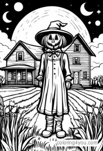 Scarecrow standing in front of a spooky farmhouse with a big moon in the sky.