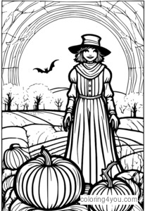 Spooky scarecrow in fields Halloween coloring page