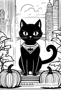 Superhero black cat and pumpkin coloring page