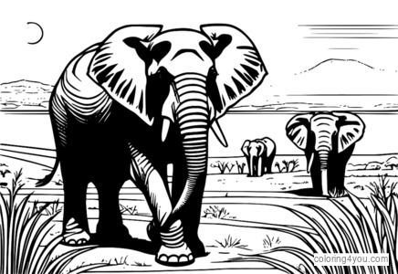 Ilustrasi menakjubkan gajah Afrika berjalan di savana pada waktu matahari terbit