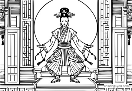 Ancient Chinese acrobats coloring page with intricate designs and colorful costumes