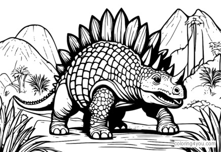 Detailed Ankylosaurus illustration with club-like tail, in a prehistoric landscape.