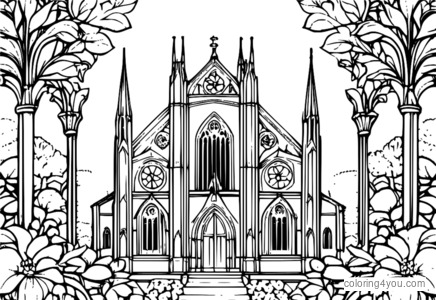 Dramatic floral pattern with vines and leaves featuring cathedral-inspired architecture.