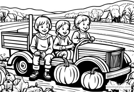 Children holding pumpkins on hayride through autumn field