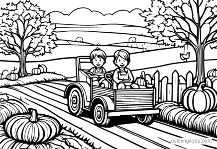 Niños felices en paseo en carro por el campo de otoño