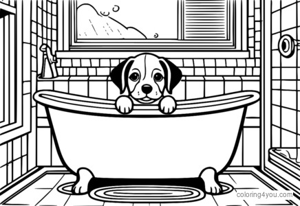 A funny dog puppy sitting in a bathtub, being groomed by its owner