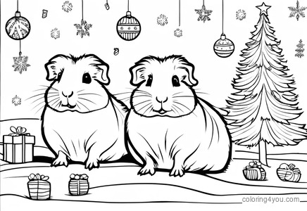 Group of guinea pigs gathered around a Christmas tree