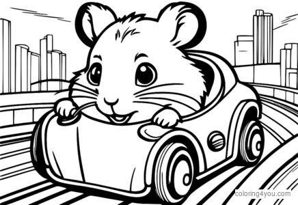 Hamster memandu kereta mainan melalui trek lumba berwarna-warni